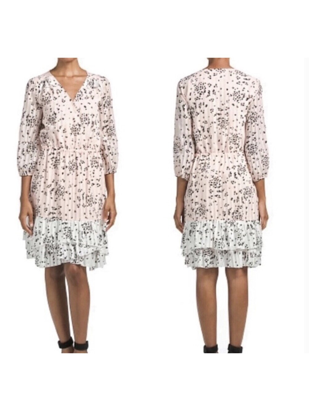 Nanette Leopore Sz. 8 Pink White Chiffon Ruffle Midi Dress Long Sleeve Dot Smock